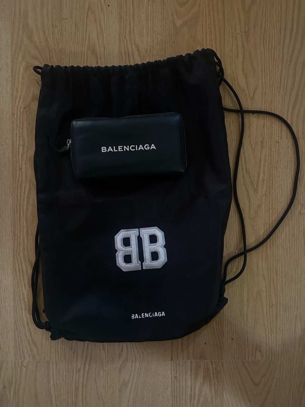 Balenciaga Black Drawstring Backpack with BB Patch and Matching Wallet